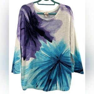 Chico's Plus Sz 3 Sweater 3/4 Slv Cotton Blend Blue Purple Floral Art to Wear XL